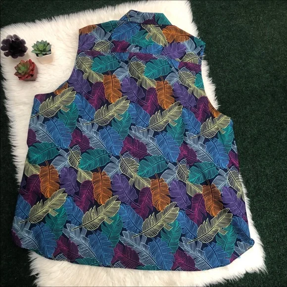 Lands End Deep Sea Navy Palm No Iron Top - Picture 4 of 12